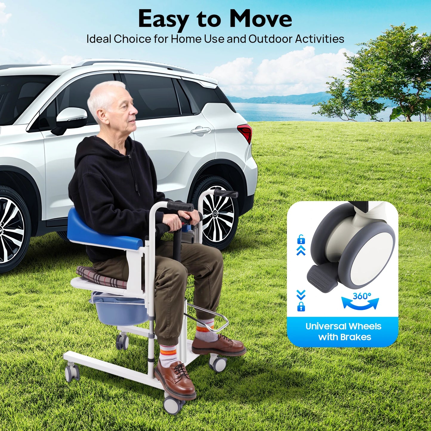 Hydraulische Patiëntenstoel – Verstelbare Stoel – Zorgstoel – Tilstoel – Mobiliteitsstoel – Hoogte Verstelbaar – Met Mobiele Wielen – Blauw