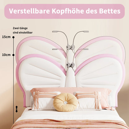 Kinderbed – Jongenskamerbed – Peuterbed – Eenpersoonsbed – Meisjesbed – Roze Variant – Vlinderhoofdbord Met Velvet Bekleding – Geïntegreerd LED Leeslampje - QUORE