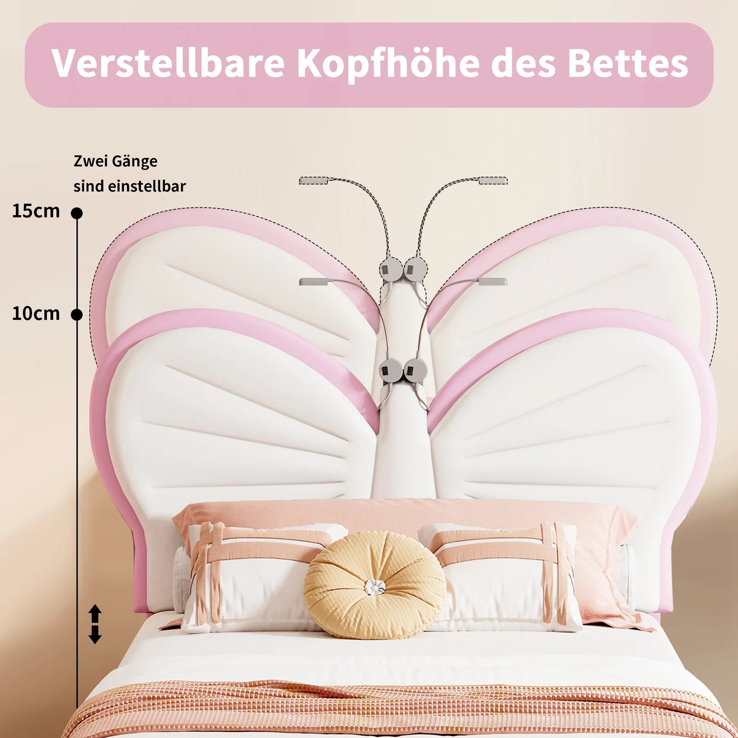 Kinderbed – Eenpersoonsbed – Meisjesbed – Jongensbed – Bedframe – Vlinderhoofdeinde Blauw – Velvet Bekleding – LED Leestlampje – Verstelbare Hoogte – 90x200 cm - QUORE