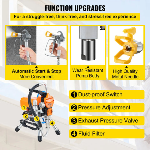 Vevor - Electric Paint Sprayer - Paint Sprayer - Airless Wall Paint Spray Gun - Adjustable Spray Pressure - High Pressure Sprayer - 3000psi - 2200W - Orange