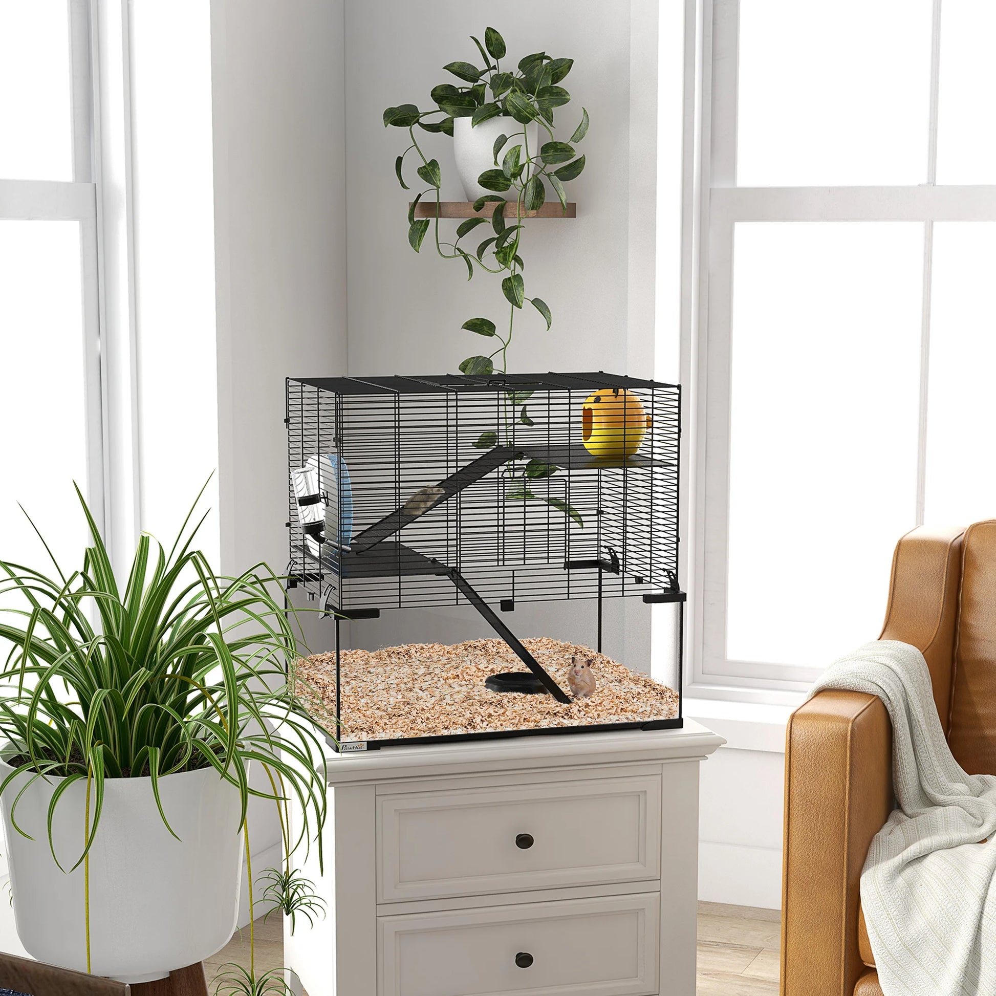 Hamsterkooi – Knaagdierenkooi – Hamsterhok – Dwerghamster Kooi – Hamsterhuis – 3-laags Ontwerp – Glazen Bodem - 60 x 40 x 54,5 cm - Zwart - QUORE