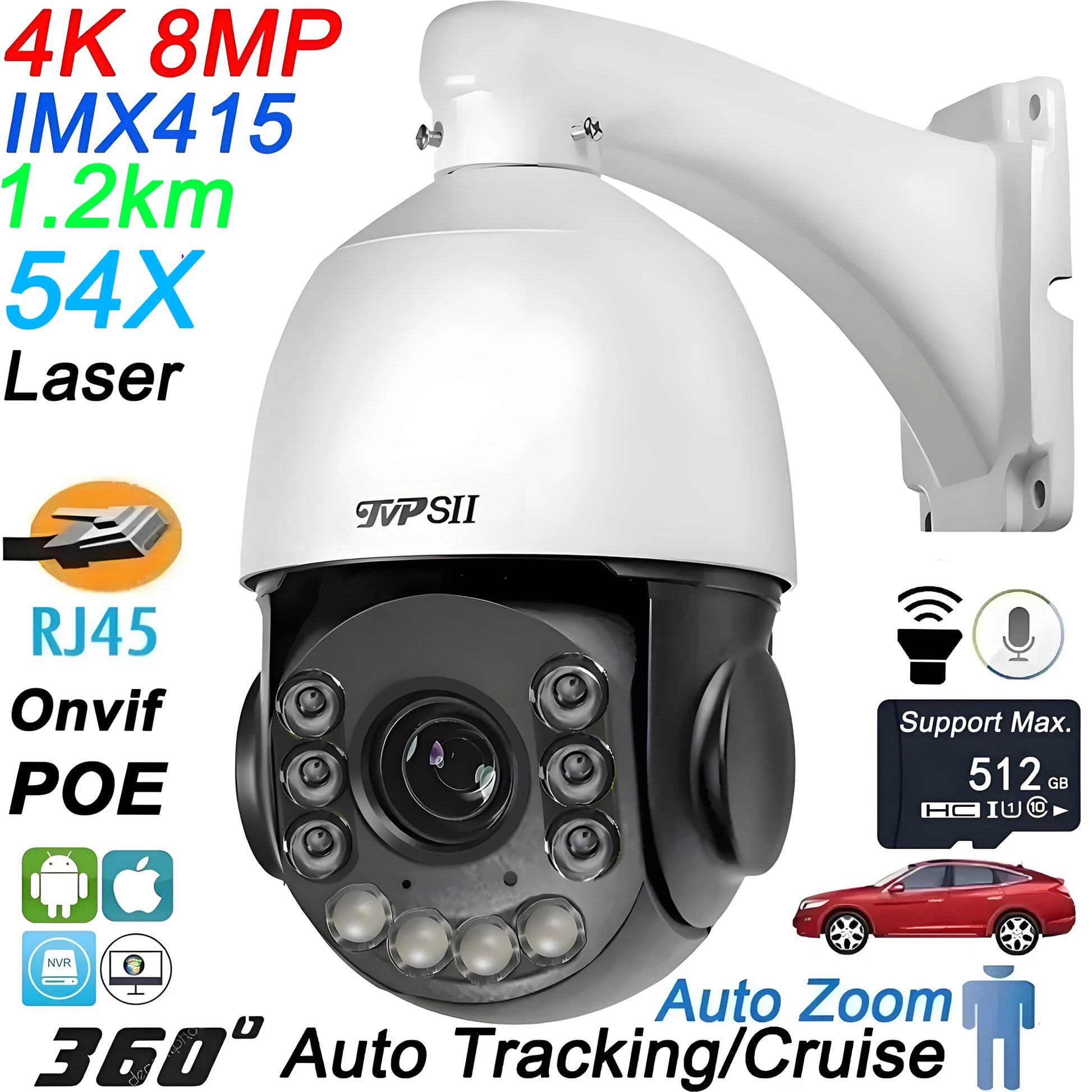 PTZ Beveiligingscamera – Dome Camera – IP Camera – Surveillance Camera – Speed Dome – 8MP 4K Ultra HD – 54X Optische Zoom – Laser Infrared Nachtzicht – Automatische Tracking - QUORE