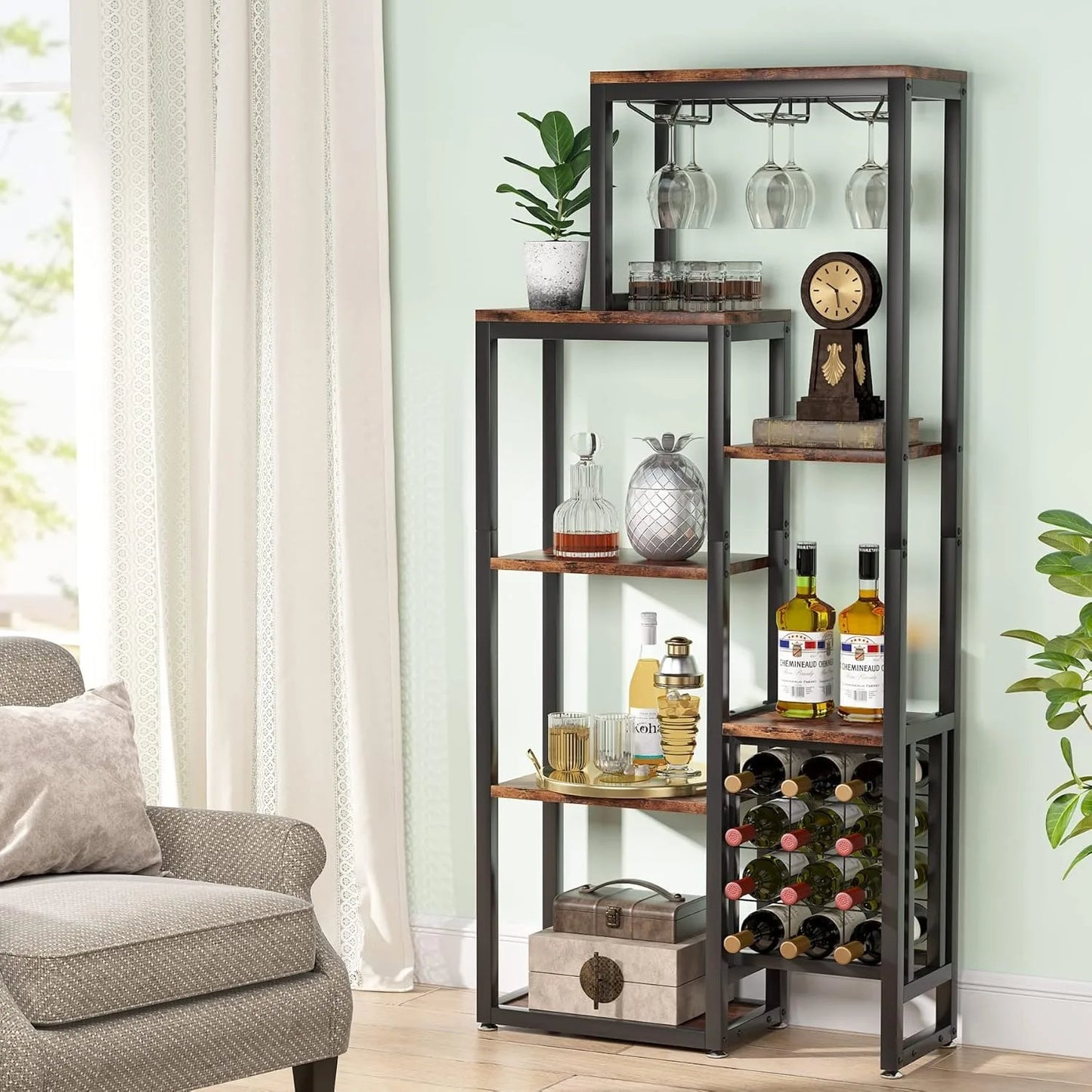 Wijnrek Industrieel – Drankkast van Hout en Metaal – Wijnkast met Wijnglashouders & Flessenhouders – 175 x 80 x 31,5 cm – Stijlvol en Functioneel