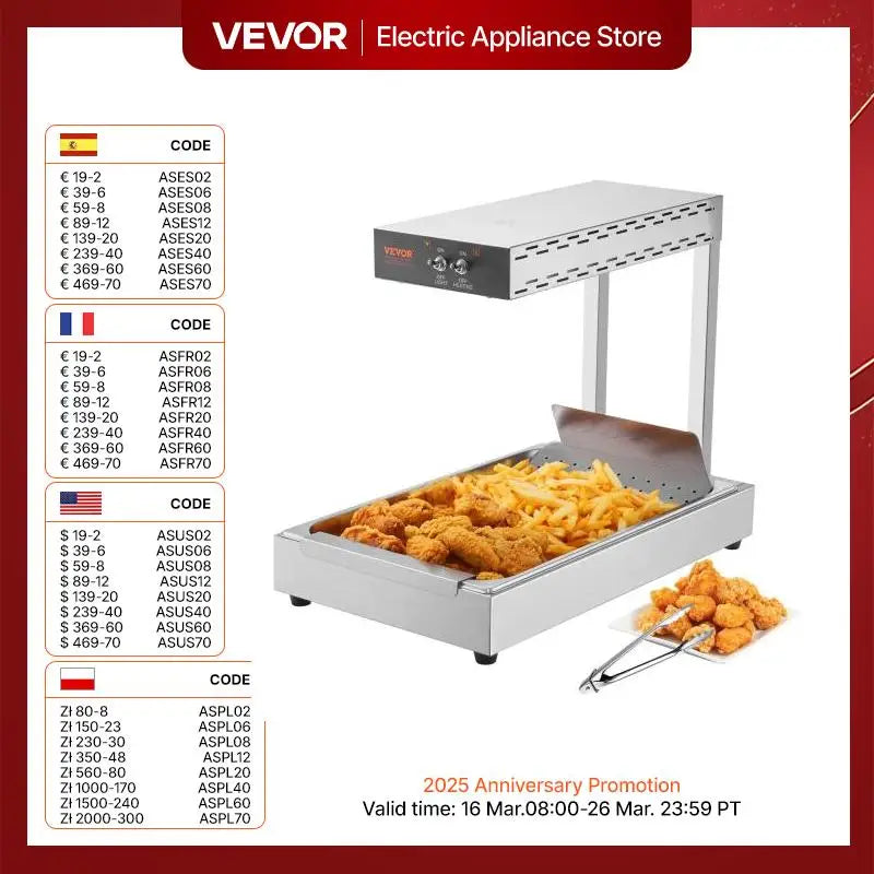 VEVOR French Fry Food Warmer 750/1000W Commercial Food Heating Lamp Countertop 104-122°F for Chip Buffet Kitchen Restaurant