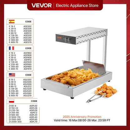 VEVOR French Fry Food Warmer 750/1000W Commercial Food Heating Lamp Countertop 104-122°F for Chip Buffet Kitchen Restaurant