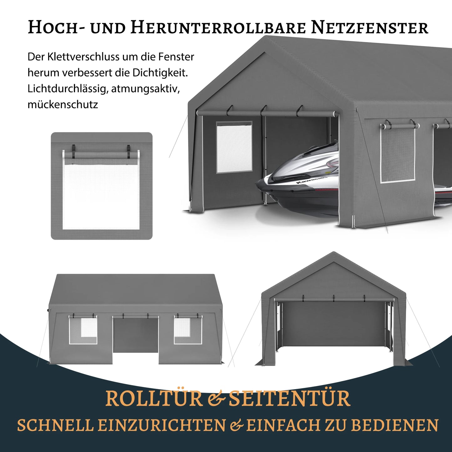 Outdoor Schuurzeil – Tuinhuis – Carport – Tent – Garage – Waterdicht PE Zeil – Oprolbare Ramen met Horren – 6x4x3 Meter – Gegalvaniseerd Staal Frame – UV-Bescherming