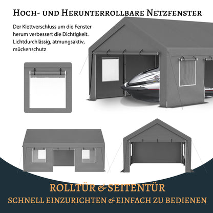 Outdoor Schuurzeil – Tuinhuis – Carport – Tent – Garage – Waterdicht PE Zeil – Oprolbare Ramen met Horren – 6x4x3 Meter – Gegalvaniseerd Staal Frame – UV-Bescherming