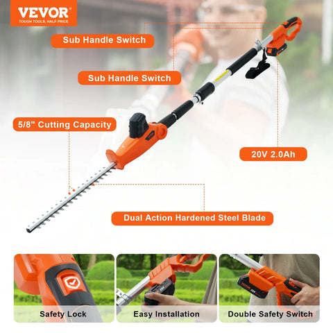Vevor - Branch trimmer - Hedge trimmer - Cordless hedge trimmer - 20V - 74"-94" telescopic design for high branches - 18 inch double edge steel blade - Orange