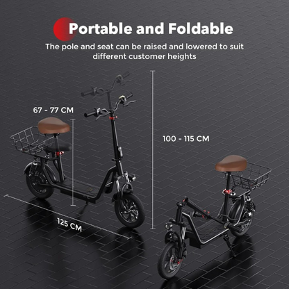 Scooter - Elektrische Step - E-Scooter - Opvouwbare - met Koplampen - Achterlichten - Mand - Verstelbare Stoel - 12 Inch - 7.5Ah - 500W - 36V - 35km/h - 115 x 125 cm - Zwart