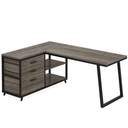 Bureau - Game Bureau - Hoekbureau - Gaming Bureau - 3 Lades - 53 Inch Breed - L-Vormig Bureau - Reversibel Ontwerp - Computertafel - Industrieel Kantoormeubilair - Grijze Afwerking - QUORE