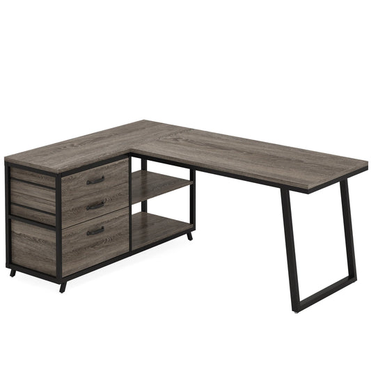 Bureau - Game Bureau - Hoekbureau - Gaming Bureau - 3 Lades - 53 Inch Breed - L-Vormig Bureau - Reversibel Ontwerp - Computertafel - Industrieel Kantoormeubilair - Grijze Afwerking - QUORE