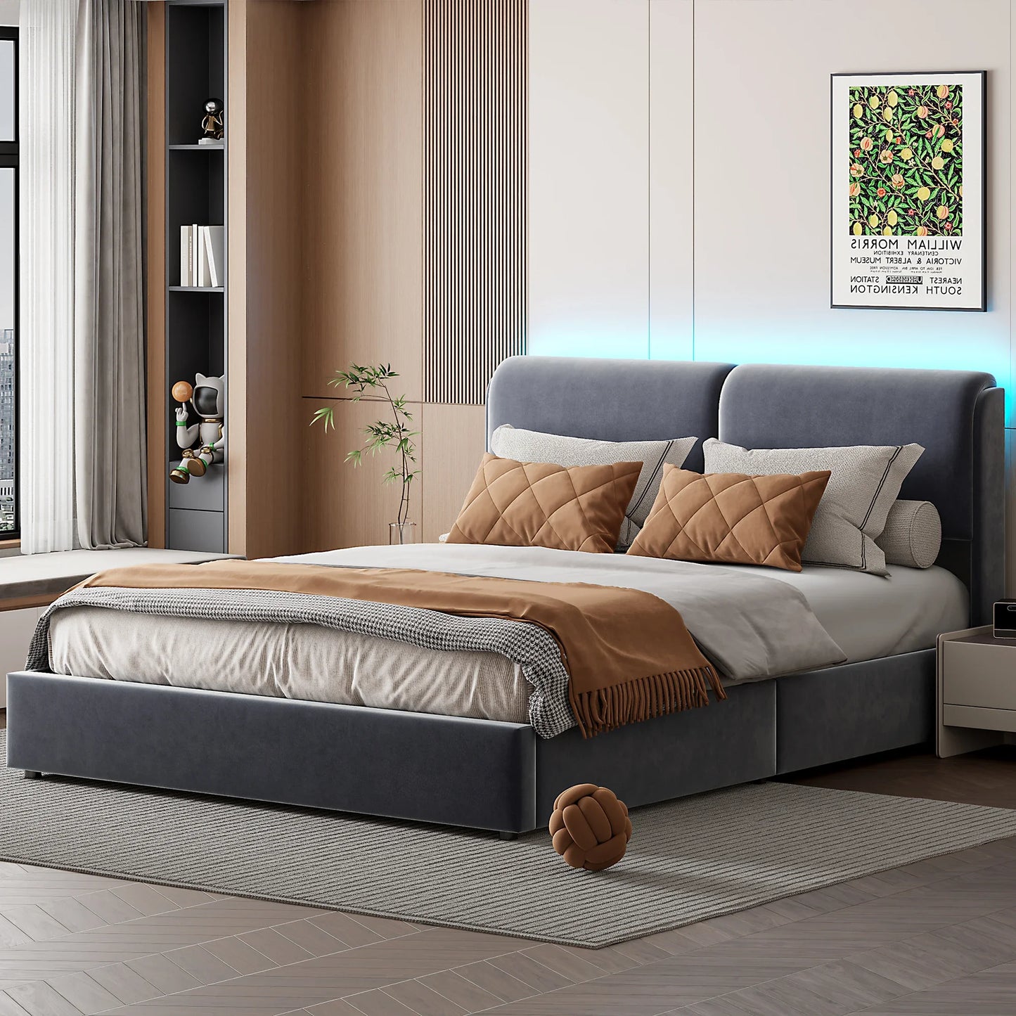 Slaapkamerbed – Bed Met Opbergruimte – Bed Met Ledverlichting – Fluwelen Bed – Hydraulische Lift – Verstelbare Hoofdleuning