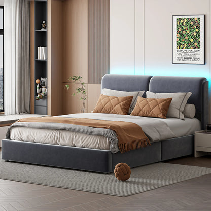 Slaapkamerbed – Bed Met Opbergruimte – Bed Met Ledverlichting – Fluwelen Bed – Hydraulische Lift – Verstelbare Hoofdleuning
