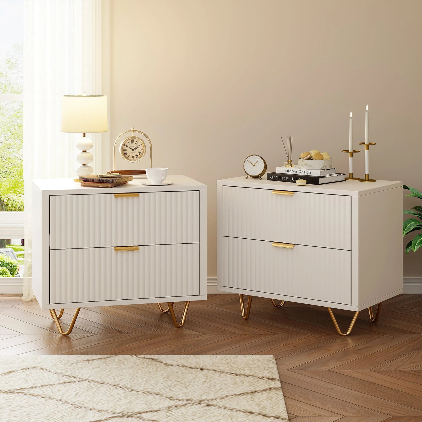 Set of 2 bedside Table, 2 drawer side Table with Storage Couch tip with metal legs for living room bedroom, Desk