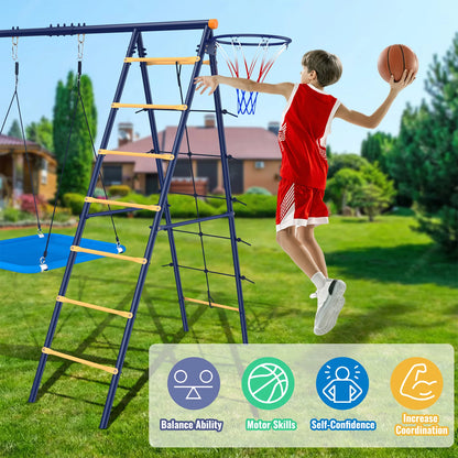 Blue Multi-Activity Swing Set with Climbing Frame, Basketball Hoop & 3-Seat Swings, Heavy-Duty Outdoor Playset for Backyard, Kid