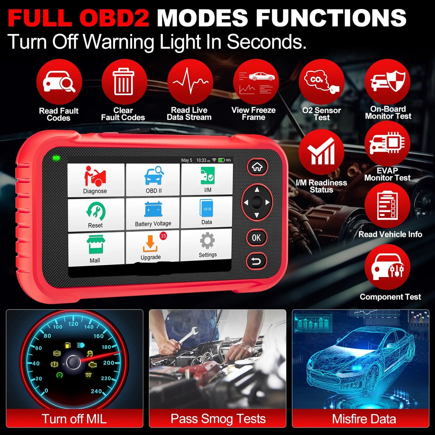 CRP129E Plus Auto Diagnosetool – OBD2 Scanner – Code Reader – Foutcode Uitlezer – Diagnose Scanner – 8 Resetfuncties – 5 Inch Kleuren Display
