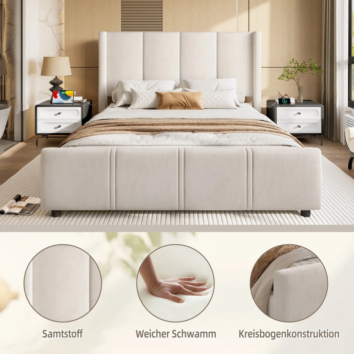 Boxspringbed – Bedframe – Boxspring – Slaapbed – Bed – 140x200 cm – Velvet Bekleding – Ingebouwde USB-poorten