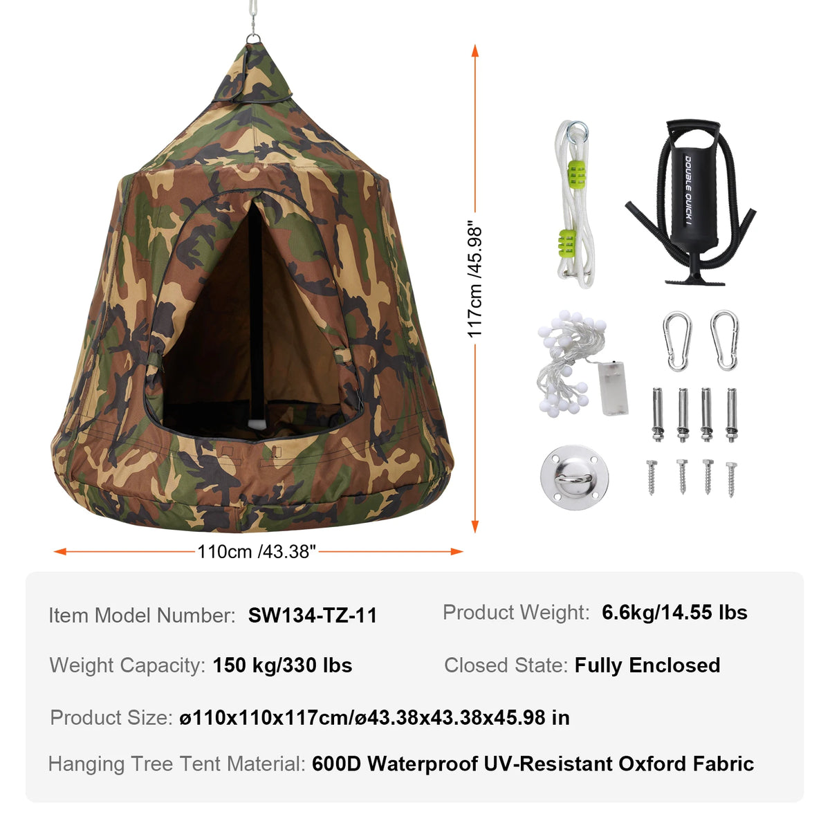 Hammock - Double Hammock - Hanging Chair - Hamac - Hammock Chair - Hanging Tree Tent - Hammock with a Capacity of 330 lbs - Outdoor Hanging Tent - Swing with LED Light String - String Camouflage