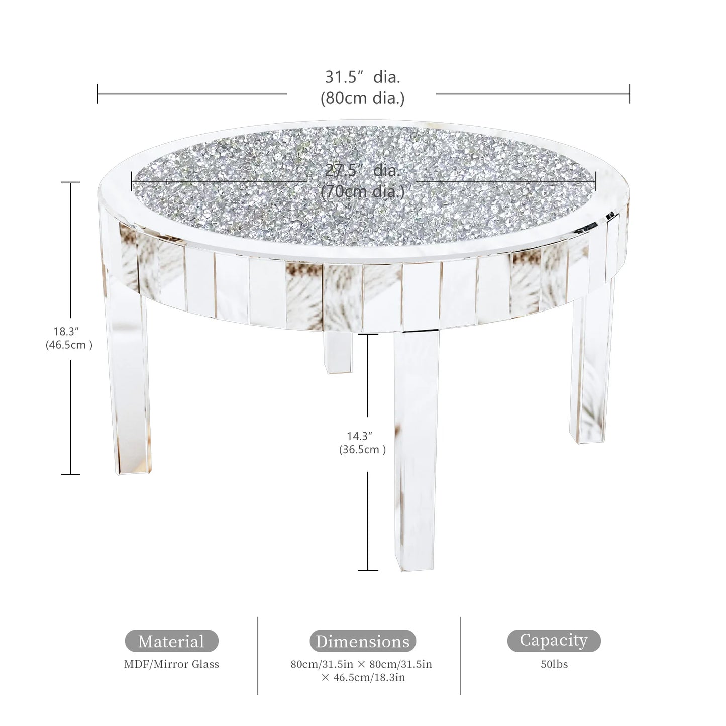 Spiegelende Salontafel – Ronde Tafel – Modern Meubel – Kristallen Inleg – MDF En Glas – Diameter 80 cm – Draagvermogen 50 kg