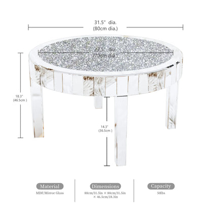 Spiegelende Salontafel – Ronde Tafel – Modern Meubel – Kristallen Inleg – MDF En Glas – Diameter 80 cm – Draagvermogen 50 kg