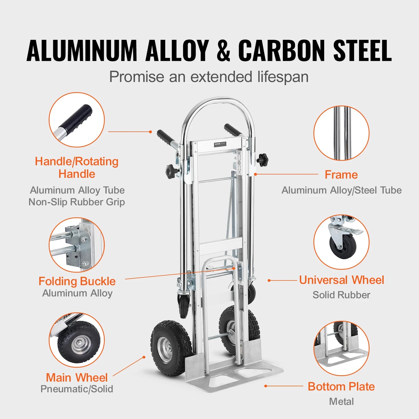 Steekwagens - Steekkar - Transportkar - Transportwagen - Winkeltrolley - Draagvermogen 180 kg - Opvouwbare - Aluminium - Industriële Inklapbare Trolley - voor Magazijn, Verhuis en Supermarkt