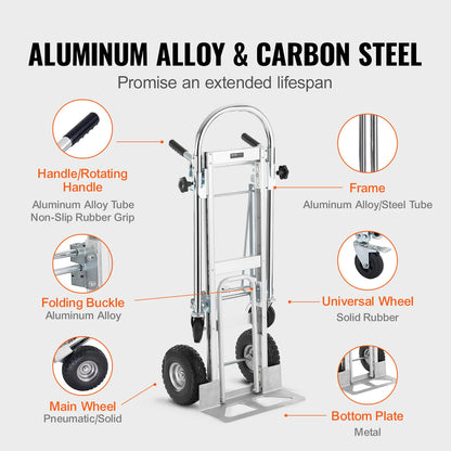 Steekwagens - Steekkar - Transportkar - Transportwagen - Winkeltrolley - Draagvermogen 360 kg - Opvouwbare - Aluminium - Industriële Inklapbare Trolley - voor Magazijn, Verhuis en Zware Lasten - QUORE