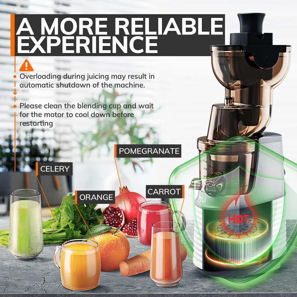 Slow Juicer - Sapcentrifuge - Cold Press - Kitchen - voor Groenten en Fruit - Grote Vulopening - 60RPM - 3 Snelheden - 1200 Watt - Stainless Steel Sieve - Automatische Pulpuitstoot - Koude Pers - Makkelijk te Reinigen - Parelwit
