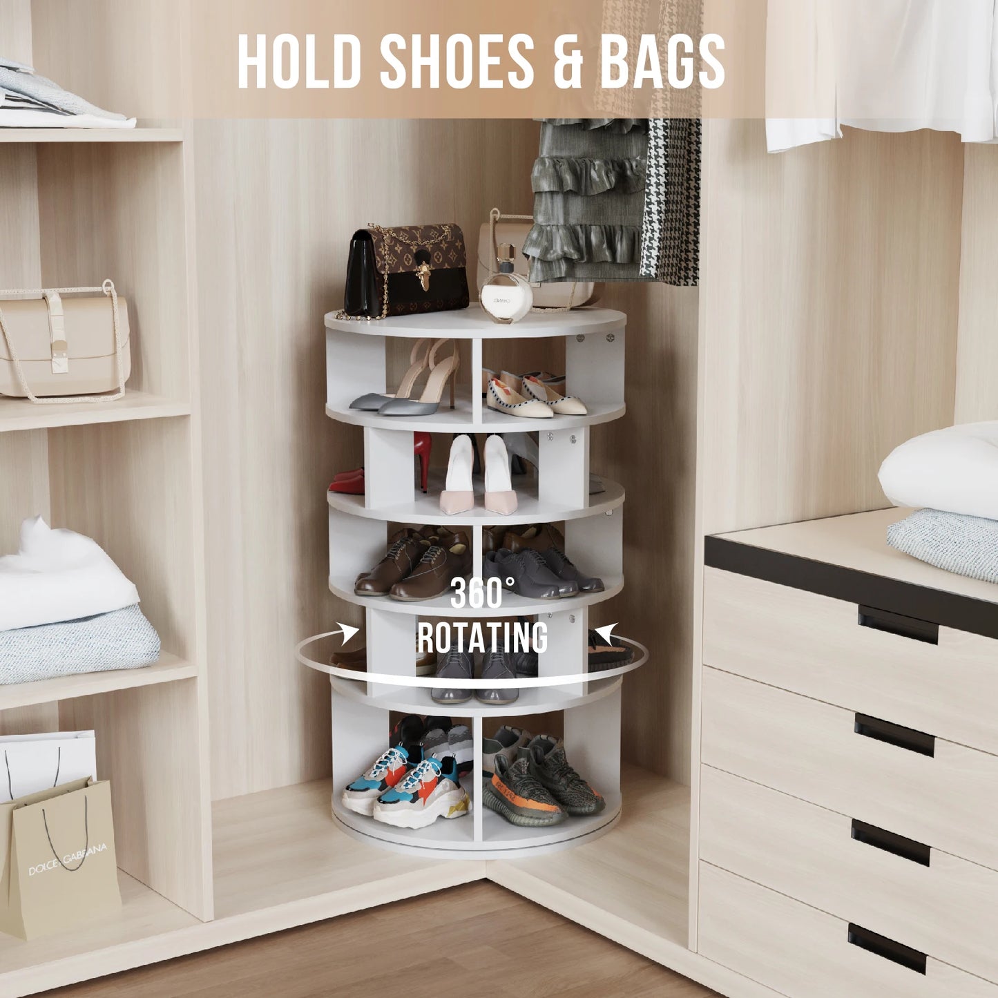 Draaibare Schoenenkast – Schoenenrek – Schoenendisplay – Schoenopberger – Organizer – 360° Draaibaar – Vijf Vakken – Stevig Hout - 60 x 60 91 cm - Wit
