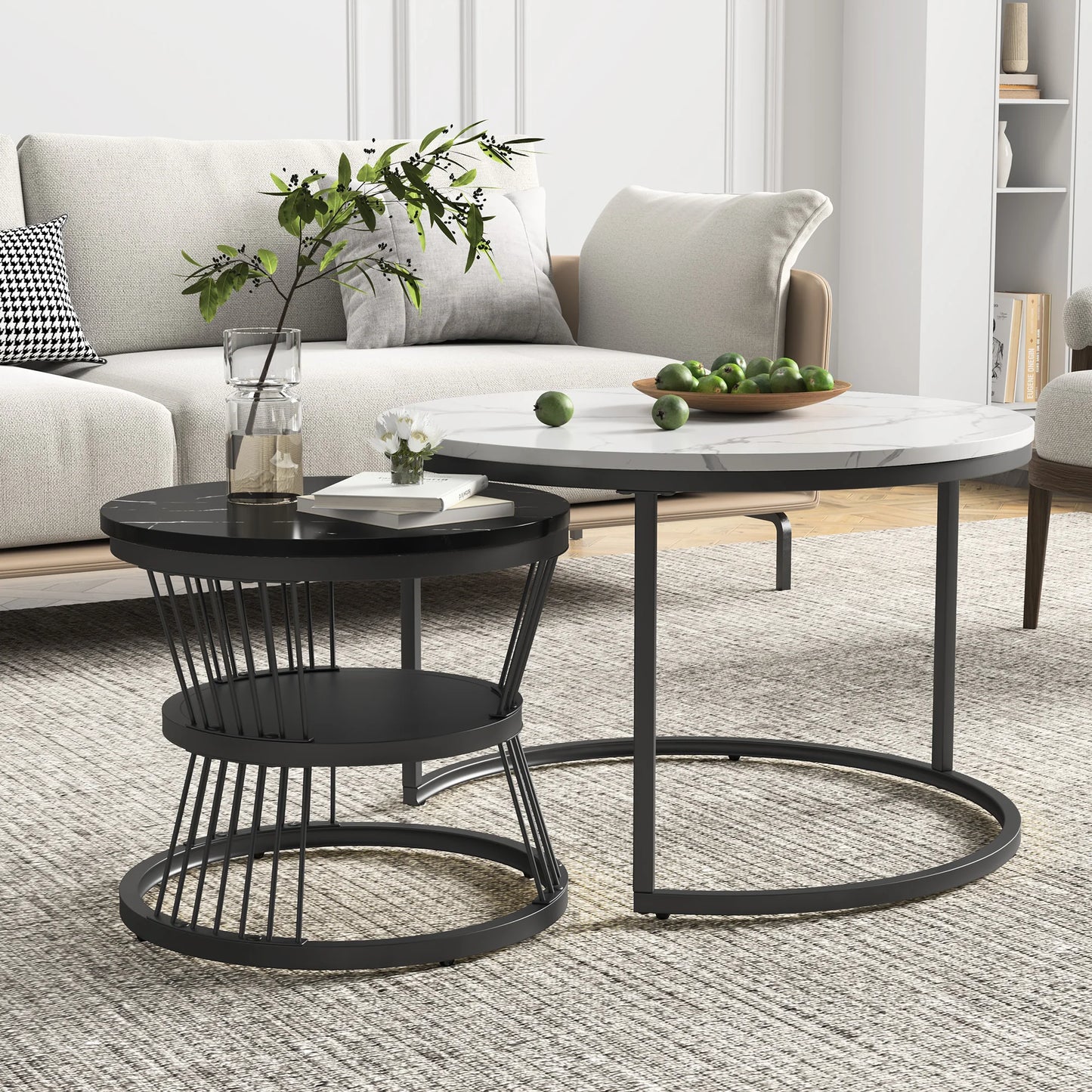 Set Ronde Salontafels – Salontafel Set – Bijzettafels – Woonkamertafels – Stapelbare Tafels – Zwart Wit Design – Marmerlook Tafelblad – Metaal Onderstel