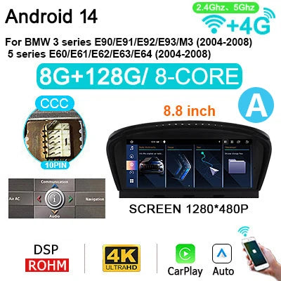 Autoradio BMW 5 Serie 3 Serie – Multimedia Speler – Navigatie Systeem – CarPlay Radio – Android Auto – 8,8 Inch Touchscreen – Android 14 – 45W Geluid - QUORE