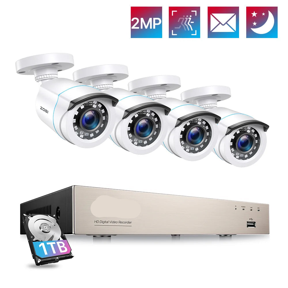 Beveiligingscamera - Draadloze Camera - Camerabewaking - Buiten Camera met Nachtzicht - 1080P Full HD - 4 Stuks Bullet Outdoor & Indoor - IP66 Weerbestendig - H.265+ – 8 Kanaals - Wit - QUORE