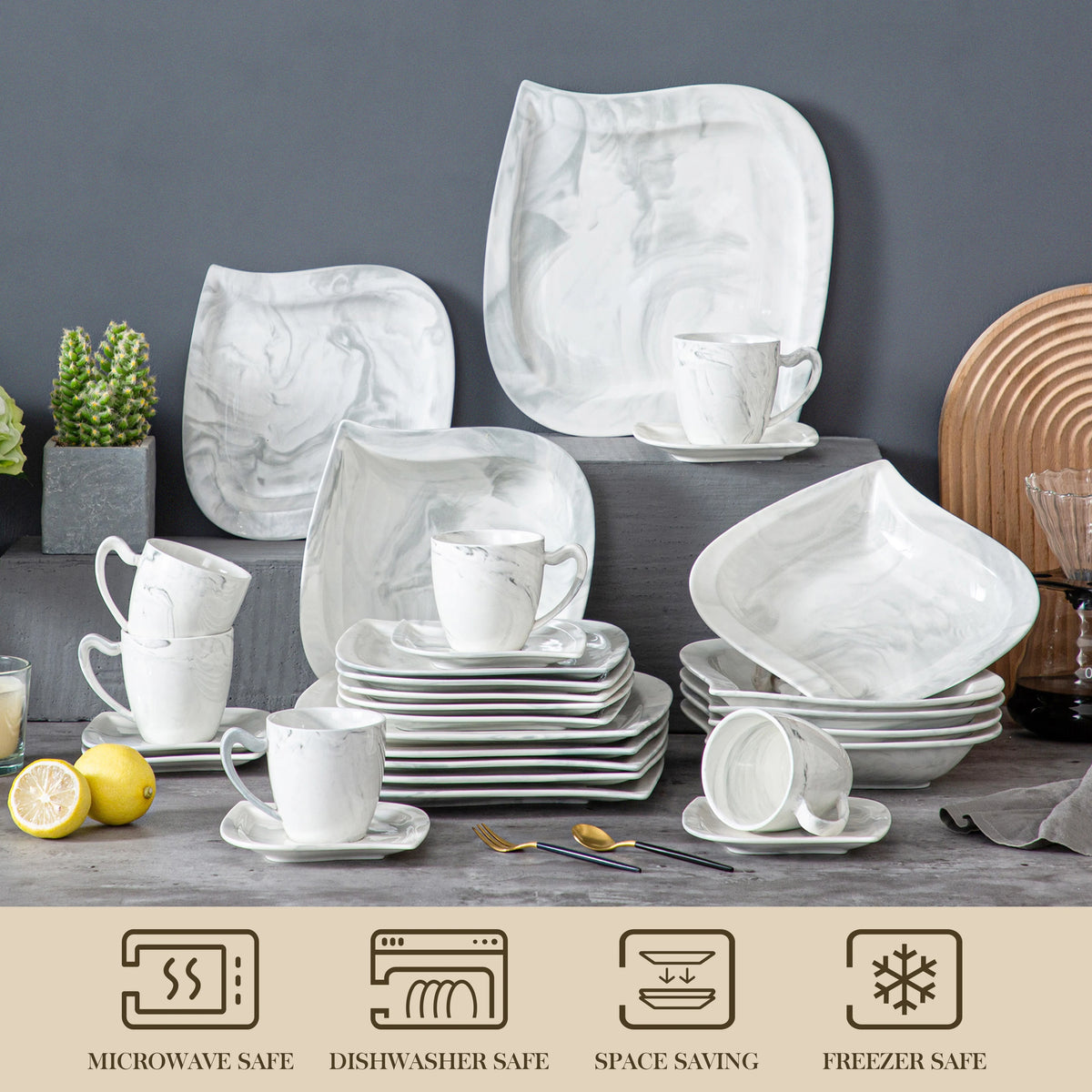 Serviesset – Servies - Plate - Marmer Grijs - 30-Delige - Compleet Tafelservies - Borden, Soepborden, Kopjes - Schotels – Geschikt voor 6 Personen