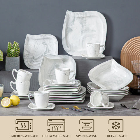 Serviesset – Servies - Plate - Marmer Grijs - 30-Delige - Compleet Tafelservies - Borden, Soepborden, Kopjes - Schotels – Geschikt voor 6 Personen