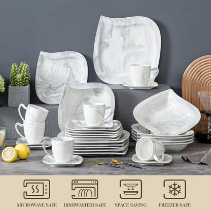 Serviesset – Servies - Plate - Marmer Grijs - 30-Delige - Compleet Tafelservies - Borden, Soepborden, Kopjes - Schotels – Geschikt voor 12 Personen