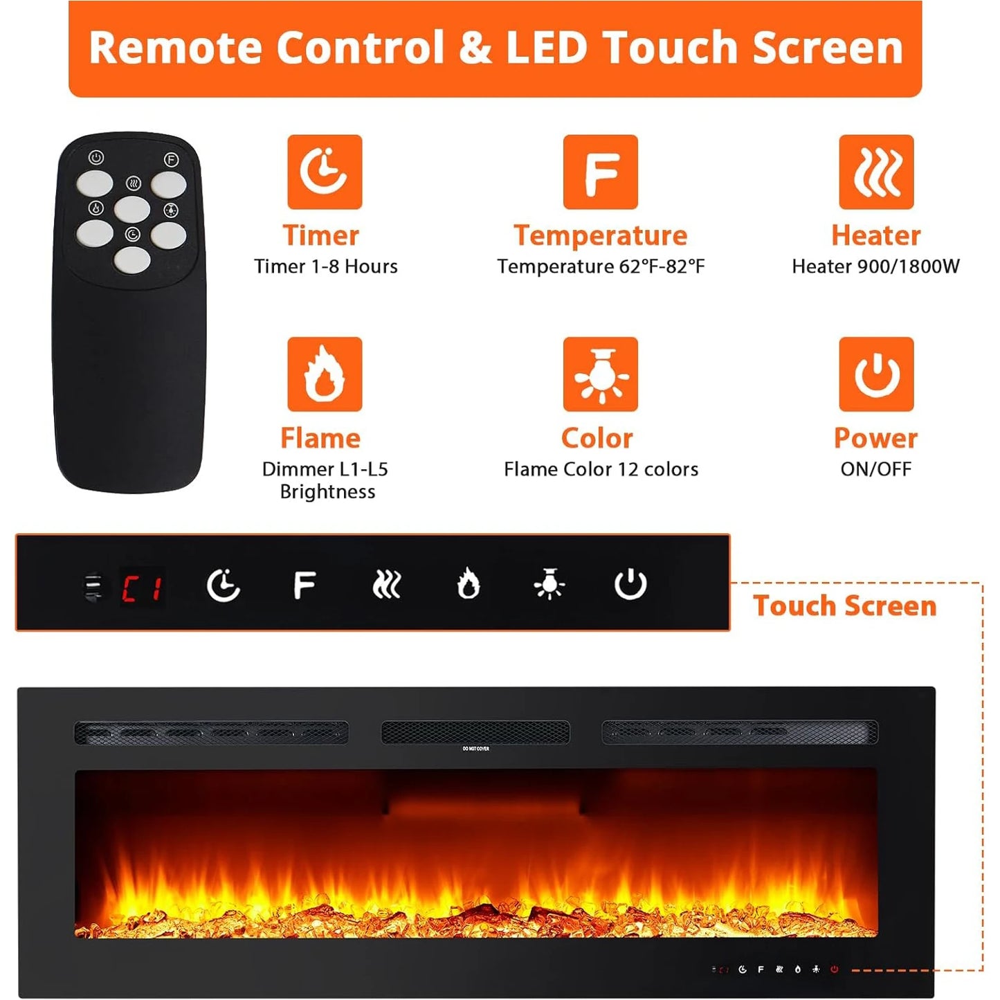 Elektrische Wandhaard – Sfeerverwarmer – Inbouwhaard – Muurhaard – Elektrische Haard – 60 Inch – 1500W Verwarming – 3D Vlameffect Met 12 LED Kleuren