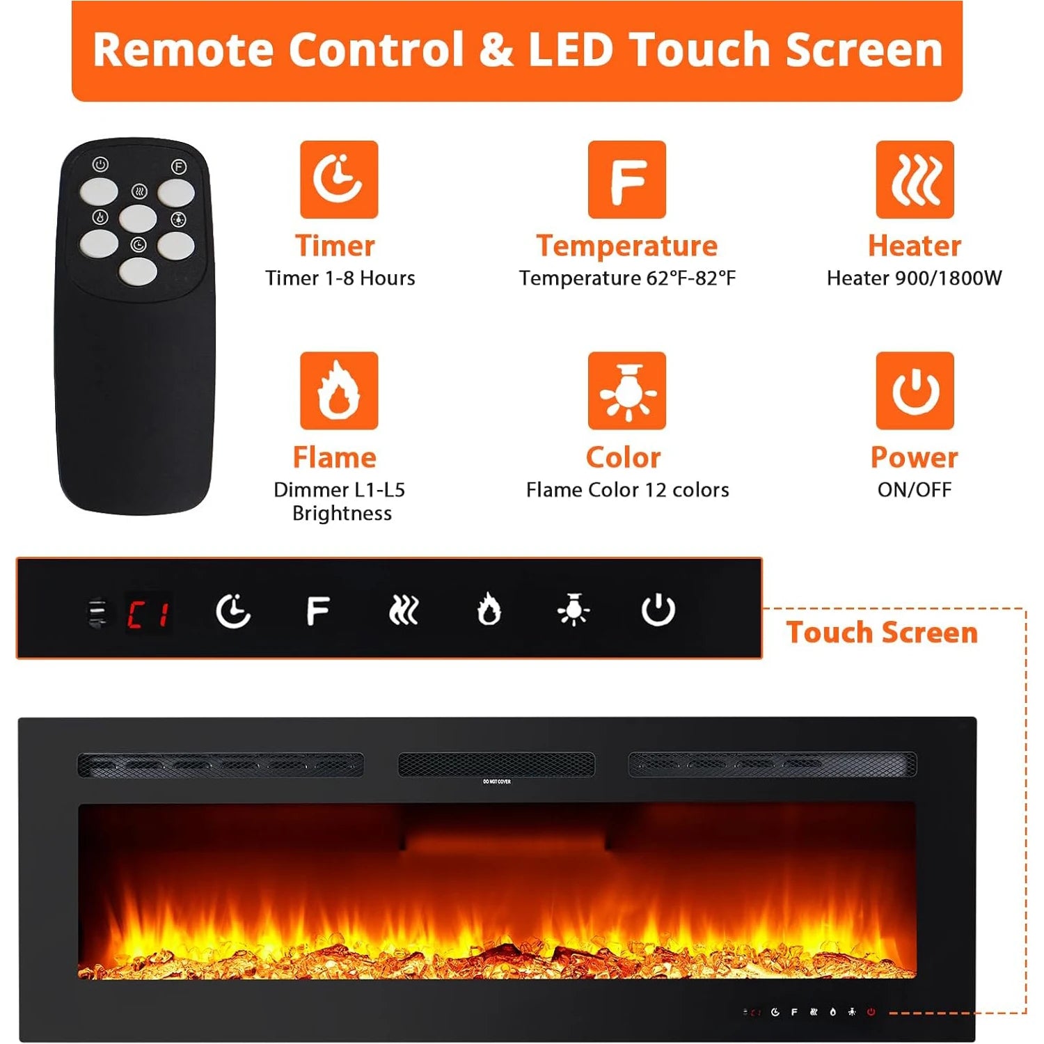 Elektrische Wandhaard – Sfeerhaard – Inbouwhaard – Muurhaard – Gashaard – 50 Inch – 1800W Verwarming – 12 LED Kleurinstellingen - QUORE