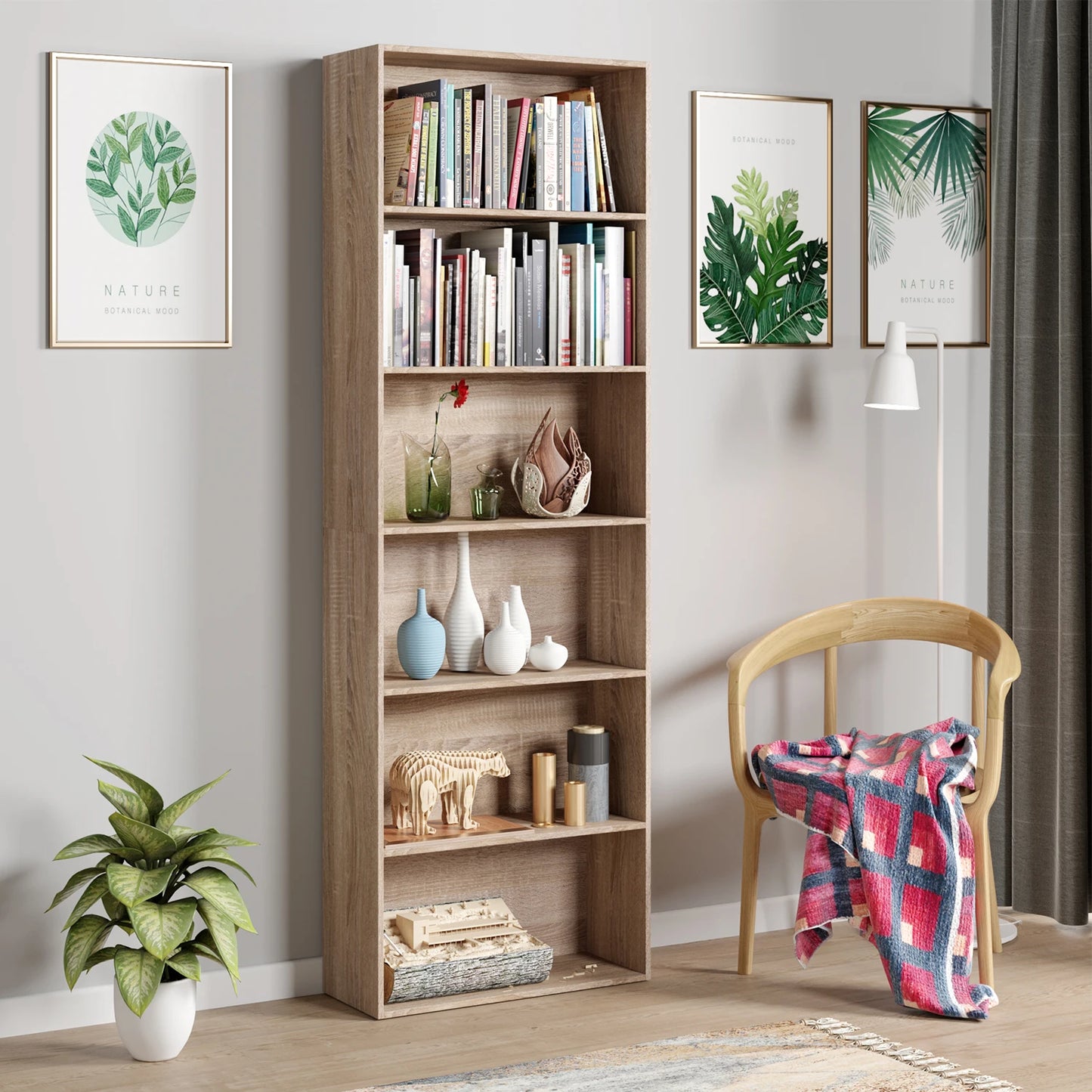 Boekenkast - Kast - Boekenrek - Hoge Kasten - Boekenkasten - 6-Tier - 180 cm Display Rek - Houten Opbergkast voor Woonkamer - Opbergsysteem - Zwart