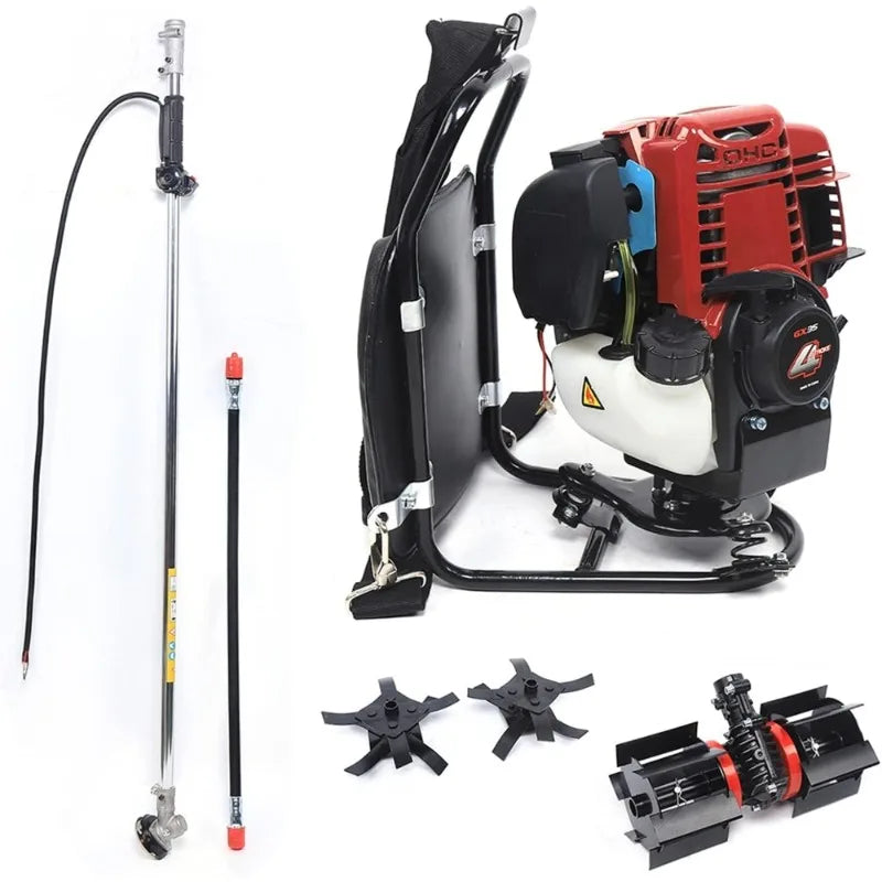 Benzine Grastrimmer - Grasmaaier - Bosmaaier - Kantenmaaier - Tuingereedschap - 35.4CC - 4-Takt 1KW, 4500-8500RPM – Rugzakmodel in Zwart/Rood