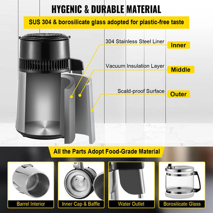 VEVOR 4L Water Distiller Purifier Filter Dispenser Drinking Bottle Softener Dual Temp Display Overheat Protection Home Appliance - QUORE
