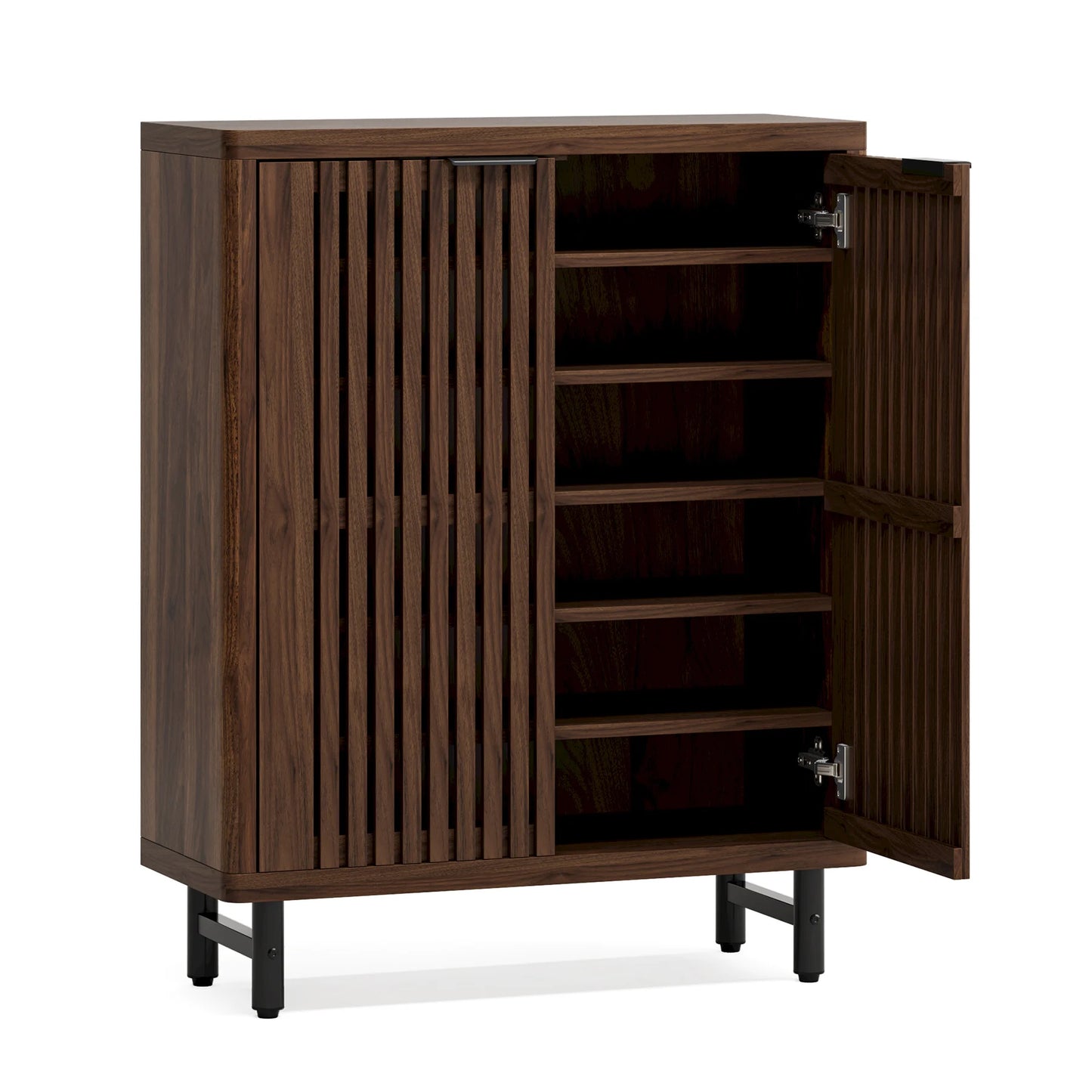 Schoenenkast – Houten Schoenenkast – Schoenen Opberger – Schoenenrek – Ventilerende Lamellendeuren – Verstelbare Planken – MDF Metalen Poten - 85 x 35 x 110 cm -  Donkere Walnoot - QUORE