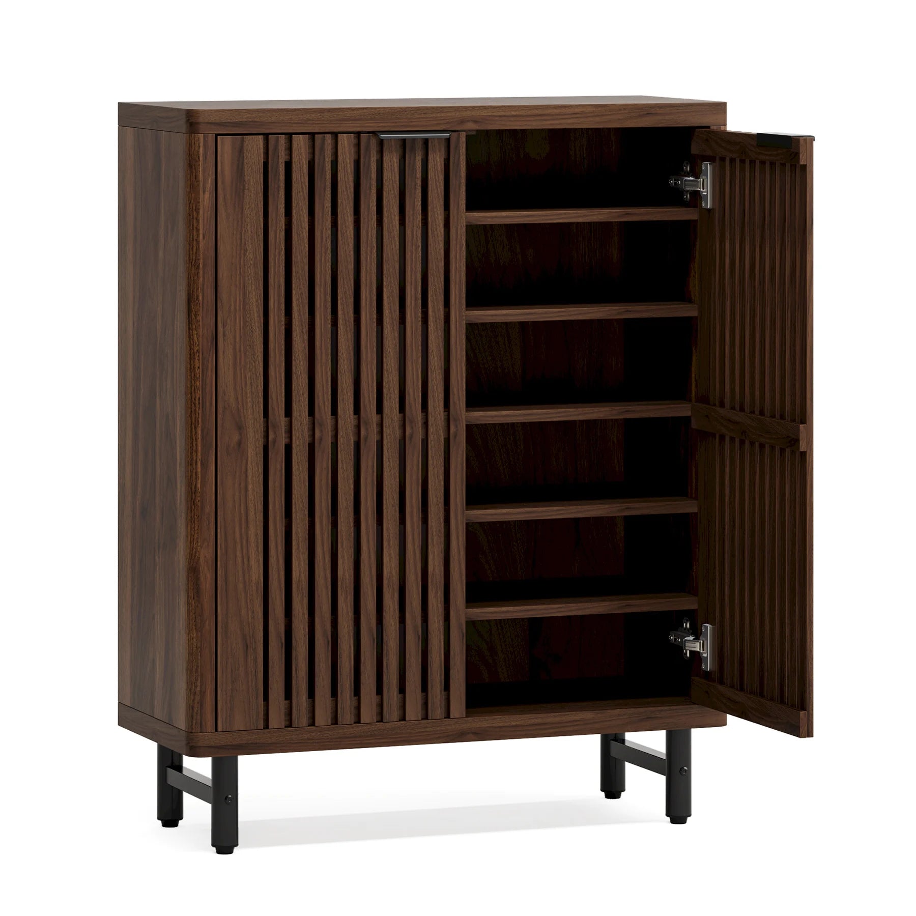 Schoenenkast – Houten Schoenenkast – Schoenen Opberger – Schoenenrek – Ventilerende Lamellendeuren – Verstelbare Planken – MDF Metalen Poten - 85 x 35 x 110 cm -  Donkere Walnoot - QUORE