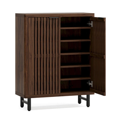 Schoenenkast – Houten Schoenenkast – Schoenen Opberger – Schoenenrek – Ventilerende Lamellendeuren – Verstelbare Planken – MDF Metalen Poten - 85 x 35 x 110 cm -  Donkere Walnoot - QUORE