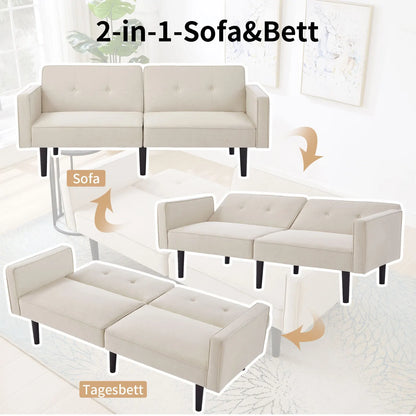 Slaapbank – Bankbed – Bedbank – 2-Zitsbank – Verstelbare Rugleuningen – Katoen-Linnen Stof – Houten Poten - 176 x 76 x 74 cm - Beige