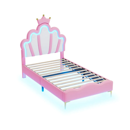 Kinderbed – Peuterbed – Juniorbed – Bedhuisje – Kinderbed met LED-verlichting – 90x200 cm – Gestoffeerd PU Leer – Kroonvormig Hoofdeinde - QUORE