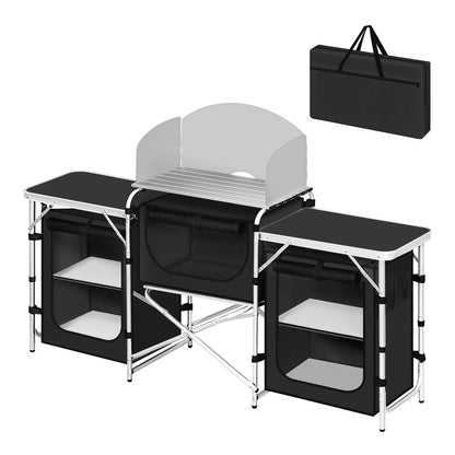 Campingkast - Campingkeuken - Campingkast Opvouwbaar - Kampeerkast - met Werkbladen - Aluminium Reiskeuken - Met Opbergruimte en Draagtas - voor Buiten, Tuin en BBQ – Zwart