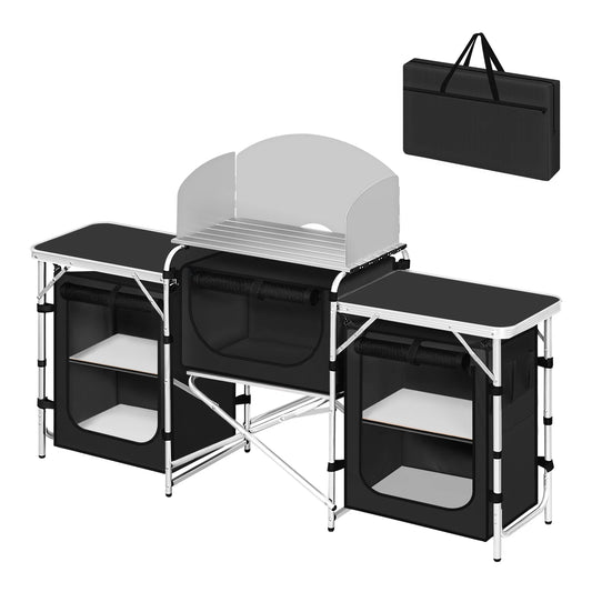 Campingkast - Campingkeuken - Campingkast Opvouwbaar - Kampeerkast - met Werkbladen - Aluminium Reiskeuken - Met Opbergruimte en Draagtas - voor Buiten, Tuin en BBQ – Zwart