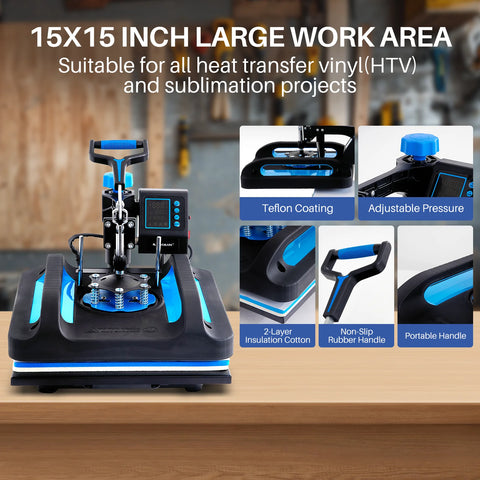 8-in-1 Hittepersmachine - 12x15 Inch - 360° Draaibaar - Digitale Sublimatie Transferpers voor T-shirts, Mokken & Meer - Zwart