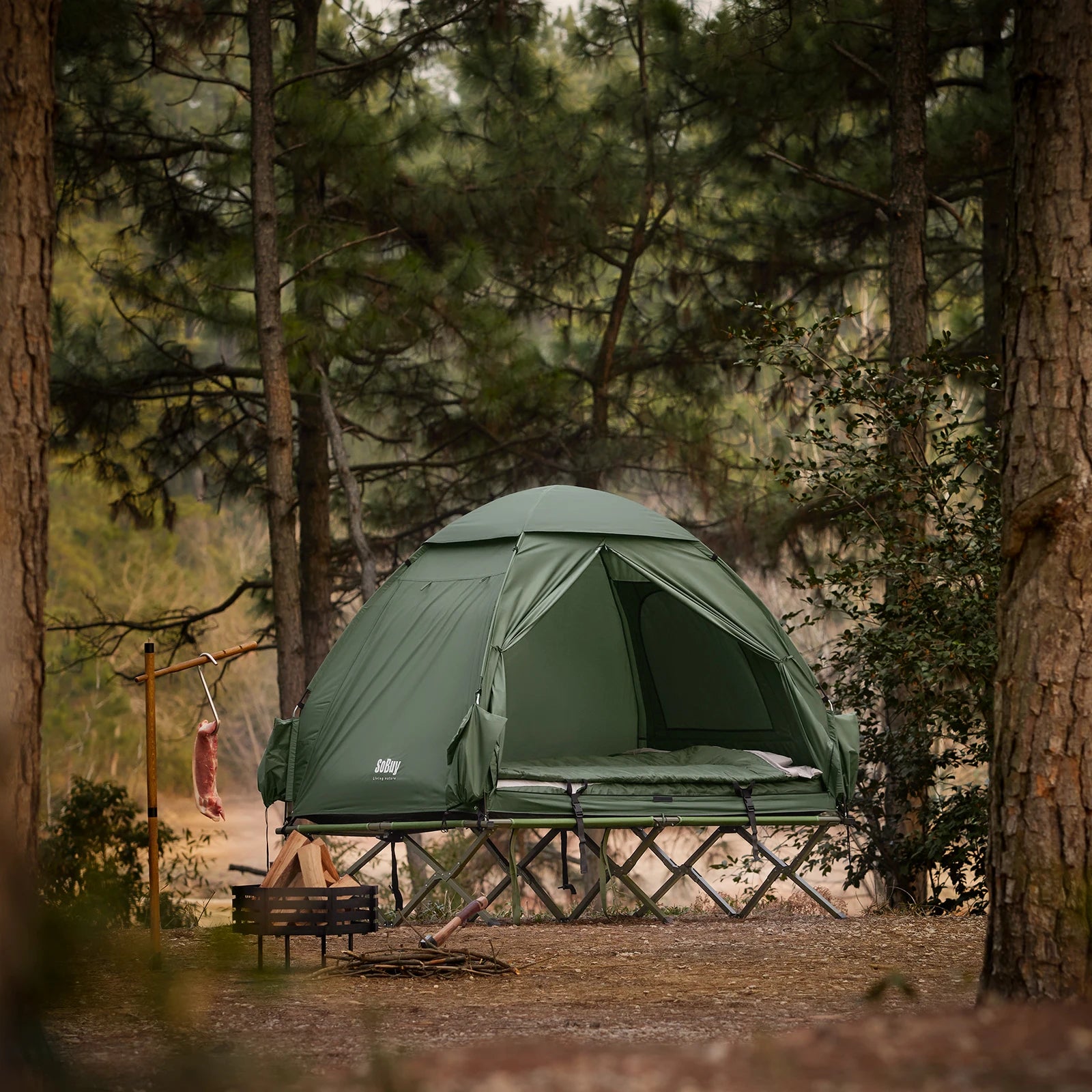 Kampeerpakket 4-in-1 – Tent – Campingbed – Luchtmatras – Slaapzak – Voor 2 Personen – Waterdicht Polyester – Stevig Metalen Frame - QUORE