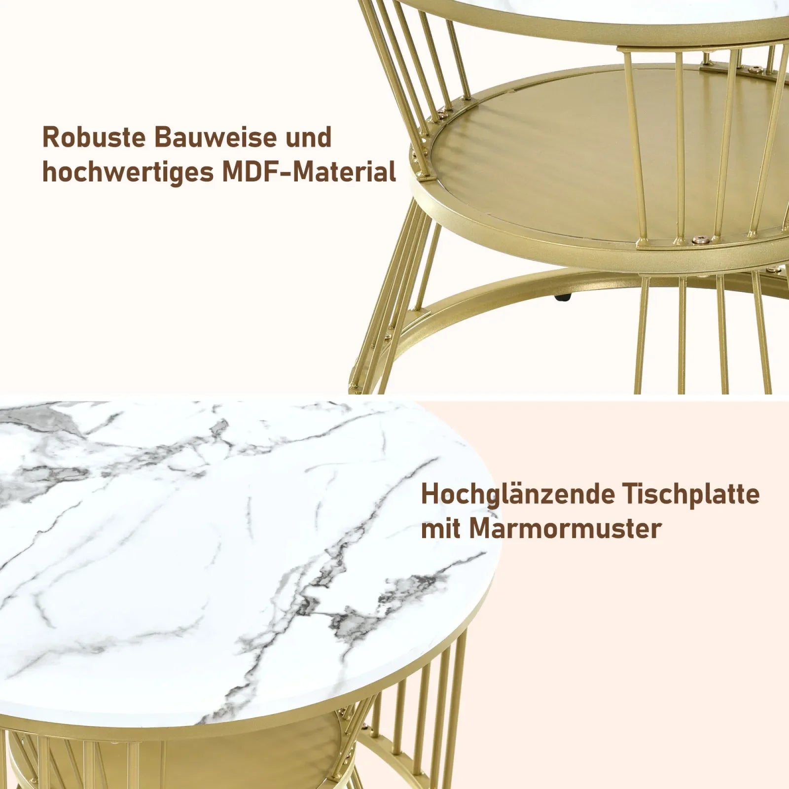 Nesting Salontafel Set – Salontafel – Bijzettafel – Sofa Tafel – Rond Tafeltje – Wit – MDF Marmerfineer – Goud Metalen Frame – Ruimtebesparend Design – Draagvermogen 30 kg - QUORE