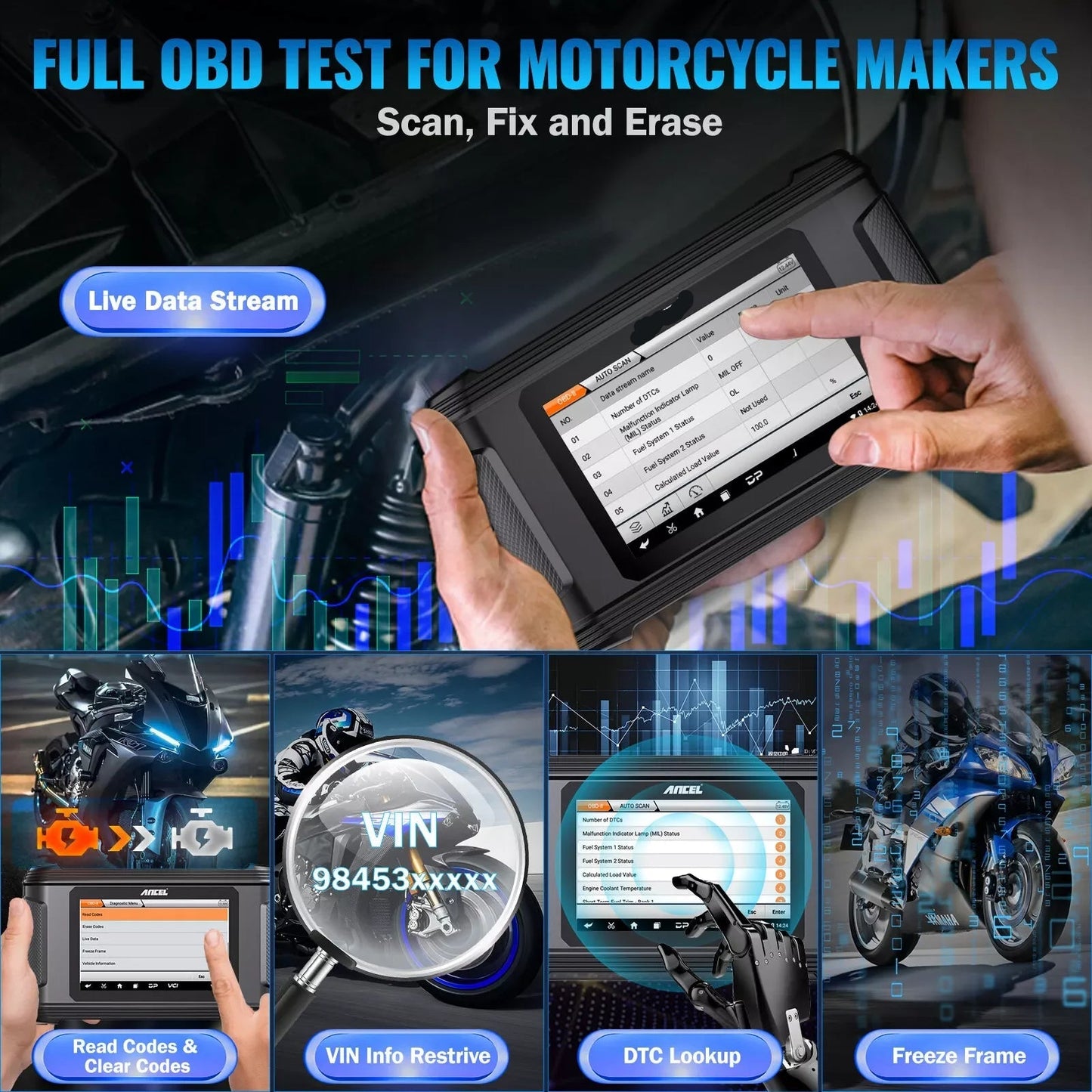 Motor Diagnose Scanner – Motorfout Lezer – Motor Scanner – Motor Diagnose Tool – 7-Inch Touchscreen – WiFi Updates